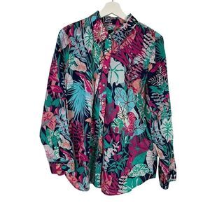 Talbots Collared Large Tropical Floral Cotton Blouse